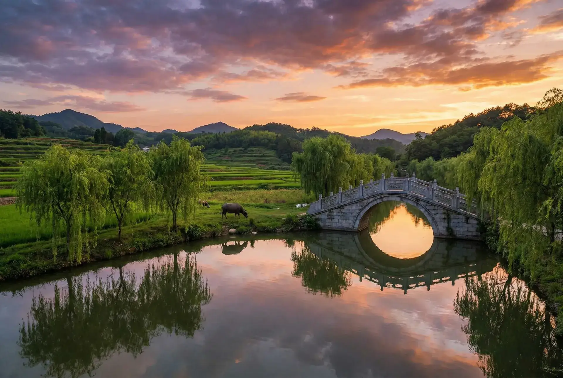 夕阳下的石拱桥与垂柳，水牛在河边吃草 - 完全透明衣服 乡村美景